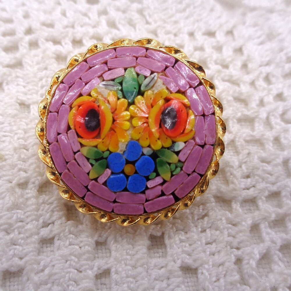 Vintage Pink MOSAIC Floral BROOCH Italy